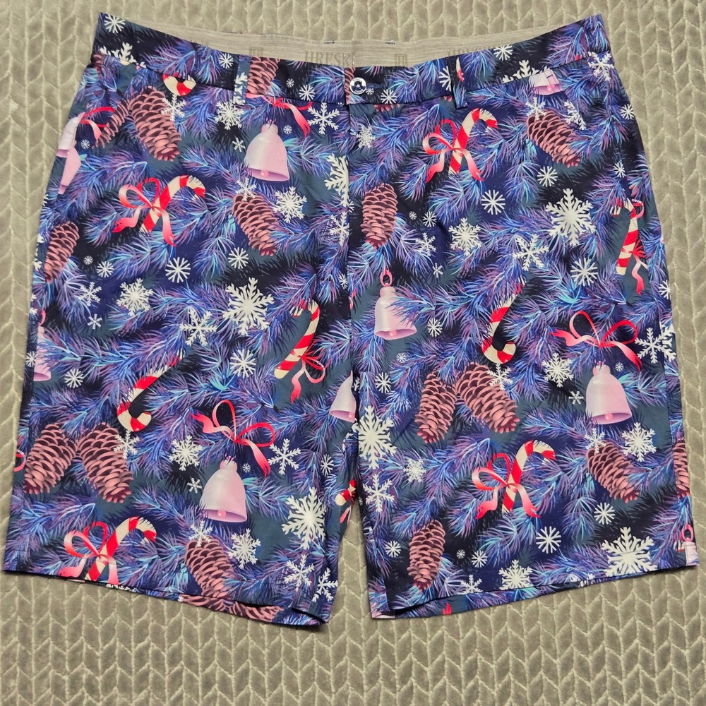 Hreski Mens Christmas Golf Shorts Blue Holiday Pine Snowflake Print Size 42